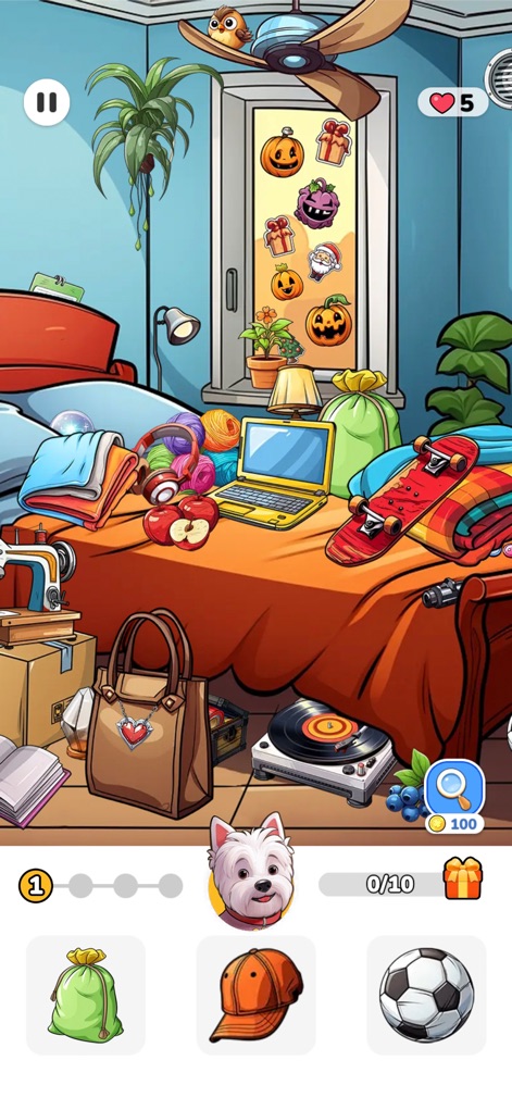Tidy Master: Hidden Objects - Explore a vibrant bedroom scene, cluttered with everyday items like a laptop and skateboard, and locate specific objects listed in the intuitive visual inventory.