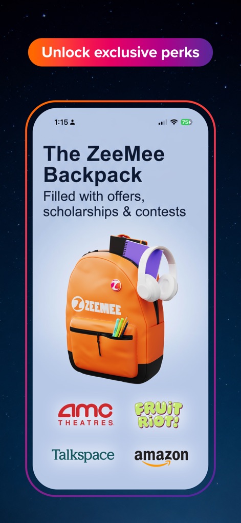 ZeeMee: Meet College Friends - The "ZeeMee Backpack" feature provides access to valuable offers and scholarships, highlighted by partnerships with popular brands such as AMC Theatres and Amazon.