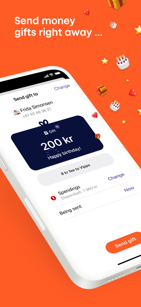 Vipps - The app enables thoughtful digital gift sending, featuring a visually appealing "Happy birthday!" digital wrapping and clearly displaying any associated transaction fee, such as the "8 kr fee."