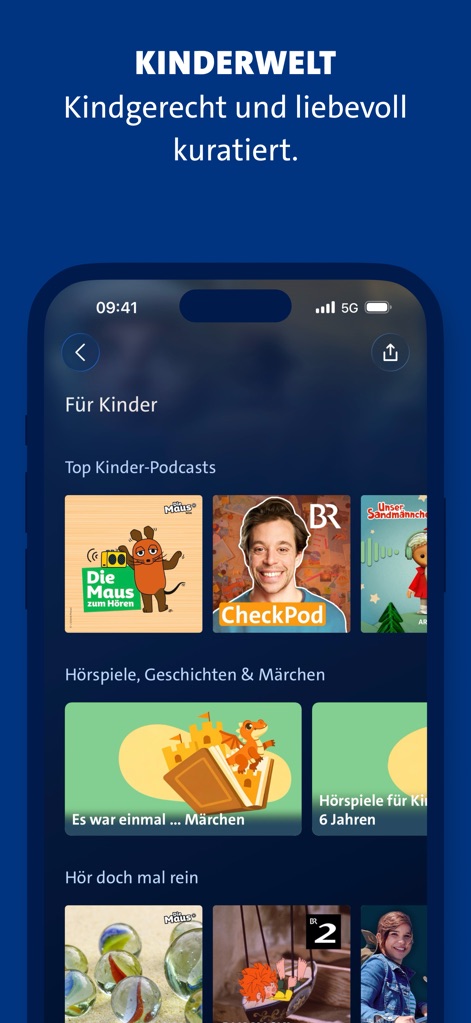 ARD Sounds - Discover a vibrant "Kinderwelt" section featuring popular children's podcasts like "Die Maus zum Hören" and categorized collections of "Hörspiele, Geschichten & Märchen" for young listeners.