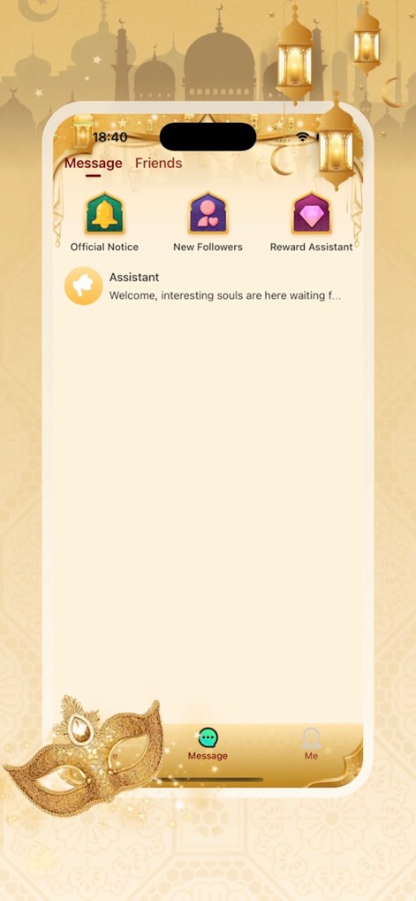 Sudfa - Esta sección muestra la intuitiva interfaz de mensajería, donde los usuarios acceden a las pestañas de 'Message' y 'Friends', complementadas por accesos rápidos a 'Official Notice' y 'Reward Assistant' para una gestión eficiente de las comunicaciones.