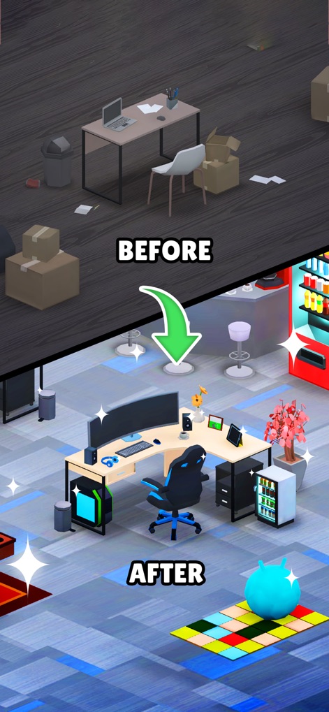 Bitcoin Empire - Witness the impressive "Before" and "After" visuals, demonstrating how users can upgrade from a humble, basic room to a luxurious, high-tech gaming setup.