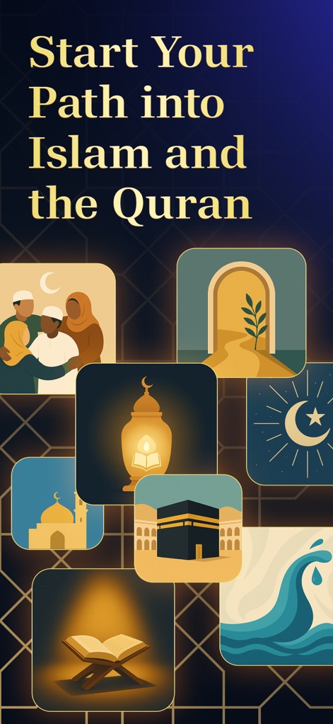 AyahPath Daily: Learn Quran - The app offers a visually rich introduction to Islamic faith, showcasing diverse imagery like the Kaaba and an open Quran book, setting the stage for spiritual growth.