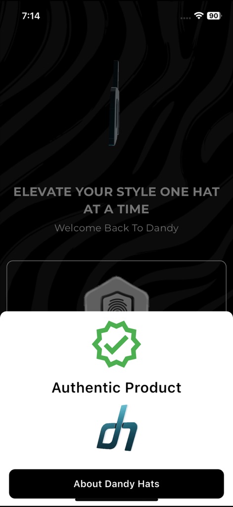 DH Dandy Hats - Upon successful authentication, the app immediately presents a clear 'Authentic Product' confirmation, complete with a visual green checkmark and an 'About Dandy Hats' option.