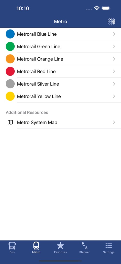 DC Metro and Bus - Tracker - The app organizes Metro rail lines by color, allowing users to select individual lines and access the full interactive system map.