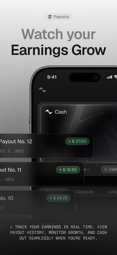 Kled - Monitor earnings growth and payout history on the 'Cash' screen, featuring clear individual payout records and total amounts like the visible '$37.00'.