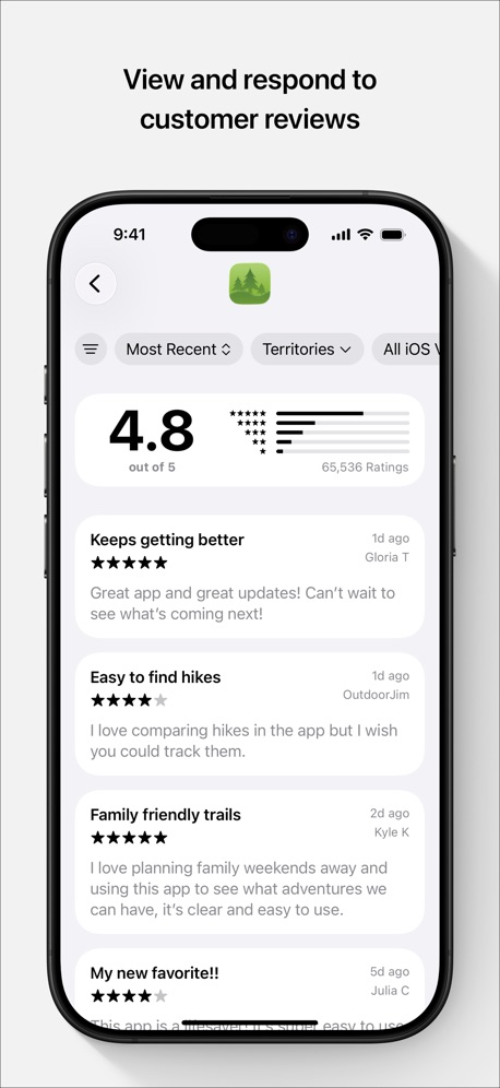 App Store Connect App Store screenshot 5, headline “View and respond to customer reviews”. Star rating shown.