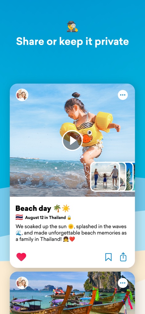 FindPenguins: Travel Tracker - Users can create visually rich travel posts featuring photos and videos, complete with privacy controls and options for engagement such as 'likes' and sharing.