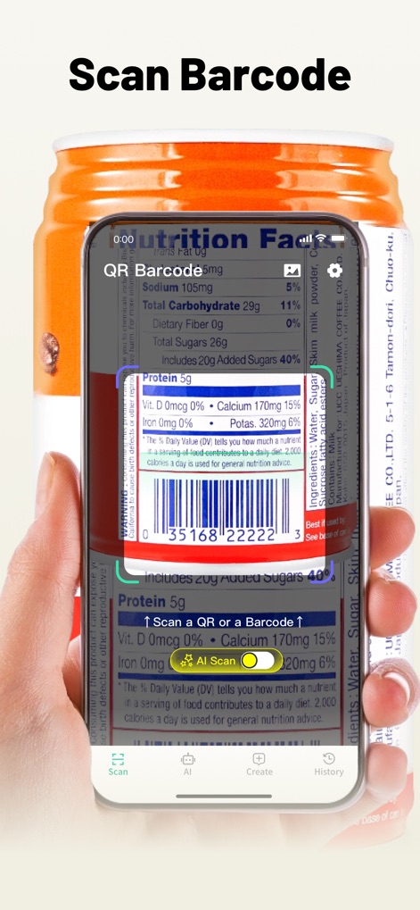 Safe QR Barcode Reader Creator - Witness the app's capability to instantly scan barcodes and retrieve detailed nutritional information, enhanced by an accessible 'AI Scan' toggle.