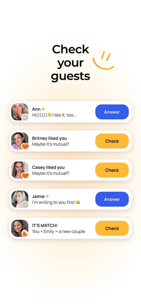 Dating and Chat - Evermatch - Review the streamlined display of user interactions, including incoming likes and messages, alongside clear "Answer" and "Check" action buttons.