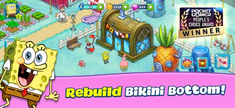 SpongeBob Adventures: In A Jam - Witness the vibrant reconstruction of Bikini Bottom, showcasing iconic structures like the Krusty Krab and beloved characters such as SpongeBob and Patrick.