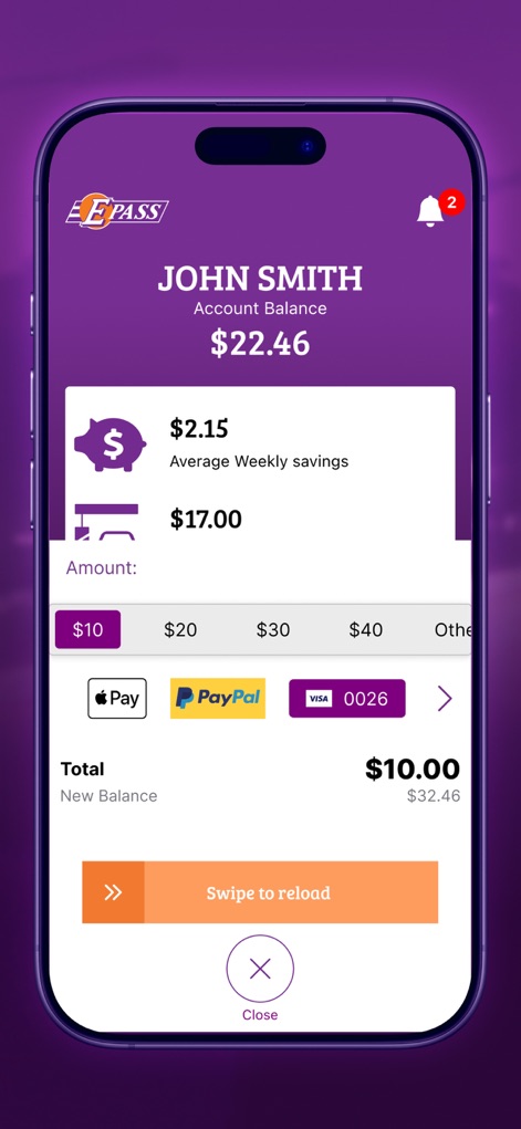 E-PASS Toll App - Users can easily add funds to their account, selecting desired amounts and payment methods, then completing the transaction with a 'Swipe to reload' gesture.