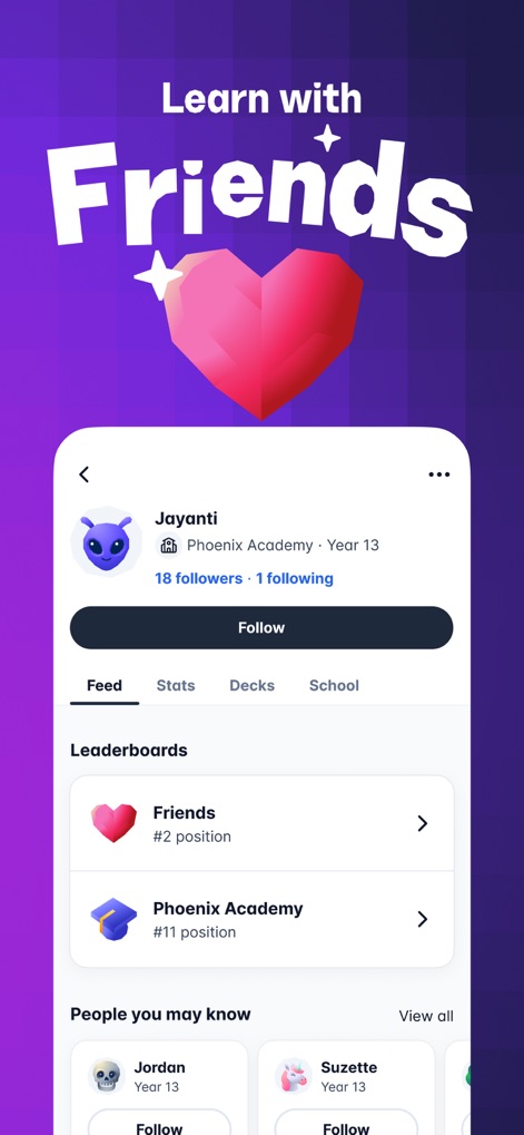 Gizmo: AI Tutor - Gizmo fomenta la interacción social mostrando perfiles de usuarios como el de 'Jayanti' con sus 'seguidores', e integra tablas de clasificación donde se puede ver la posición en 'Friends' o 'Phoenix Academy'.