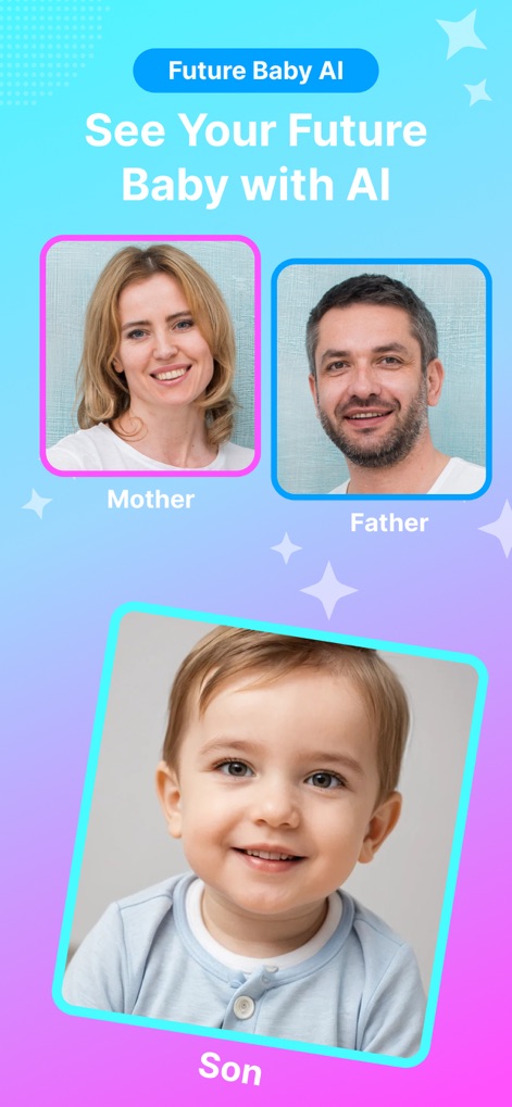 AI Baby Generator Baby Blend - The app instantly blends facial photos of a mother and father, generating a hyper-realistic image of their future baby.