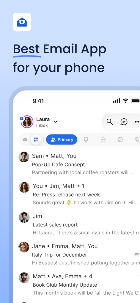 Blue Mail - Email | Calendar - Gli utenti trovano una visualizzazione della posta in arrivo pulita e intuitiva, con facili opzioni di navigazione in alto e la possibilità di identificare rapidamente i mittenti grazie agli avatar visibili accanto a ogni email.