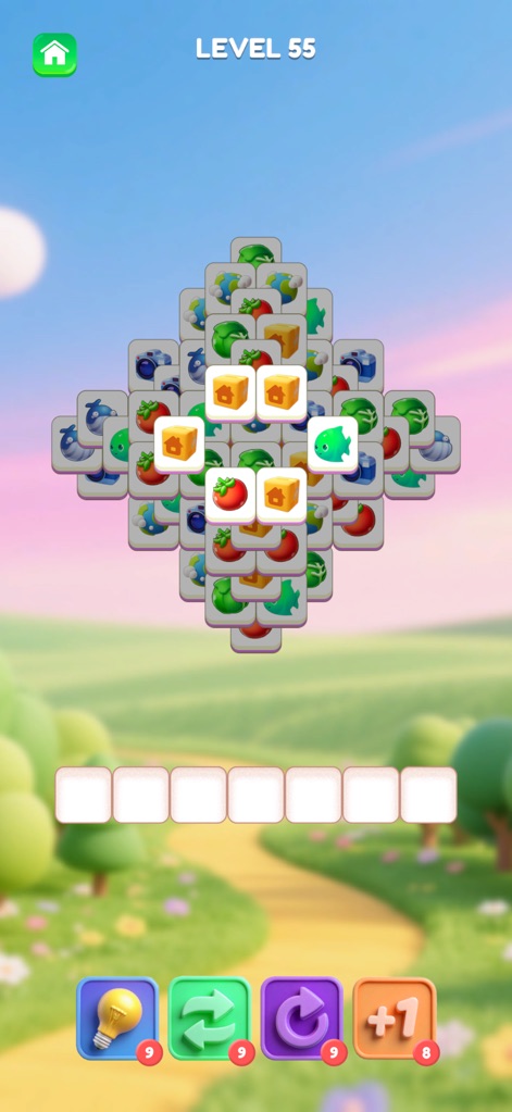 Tile Triple Match: 3D puzzle - Se presenta un nivel avanzado con un intrincado patrón de fichas en forma de diamante, donde los jugadores identifican y combinan objetos como tomates y brócolis para avanzar.