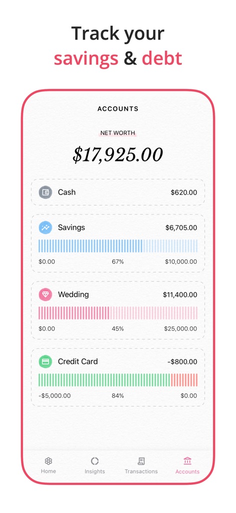 Budget Planner App - Fleur - Users can effectively manage their finances with a comprehensive net worth summary and clear progress bars illustrating savings goals and debt repayment.