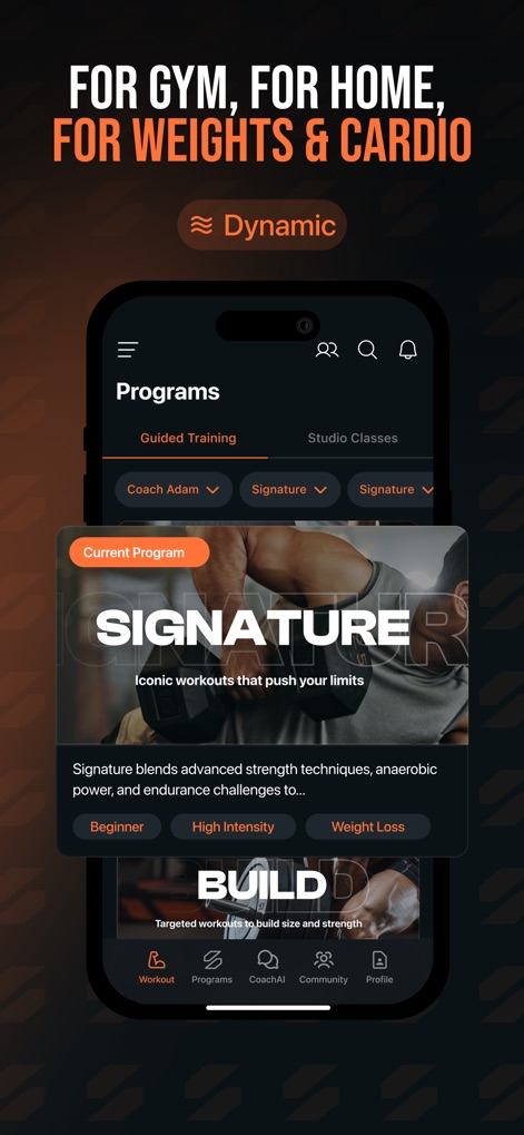 SHRED: Gym & Home Workouts - Explore the app's extensive program library, offering specialized "Signature" workouts tailored for various goals like "Weight Loss" and "High Intensity".