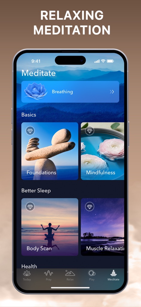 BlessedPath: Stress Relief - Discover the diverse range of mindfulness meditations, from foundational practices to specialized sessions like "Body Scan" and "Muscle Relaxation", designed for inner calm and improved sleep.