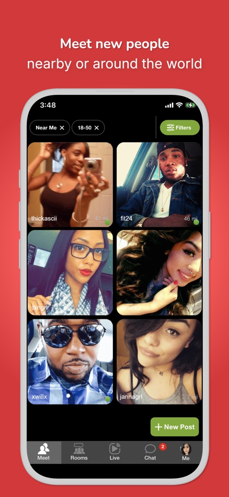 Moco - Chat, Meet People - This view demonstrates how users can find new connections, displaying a grid of diverse profiles and active "Near Me" and age range filters for tailored discovery.