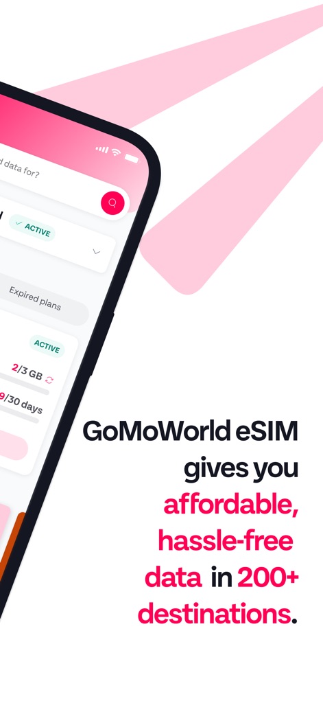 GoMoWorld: Travel eSIM | Data - This tool displays an "Active" data plan with a specific data allocation (e.g., "2/3 GB") and remaining days, easily searchable via the top bar.