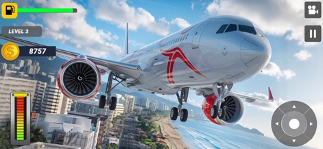 Pilot Simulator Plane Games - Los usuarios pueden experimentar el pilotaje de un gran avión de pasajeros sobre una ciudad costera, destacando su interfaz de usuario arcade que muestra nivel y monedas.