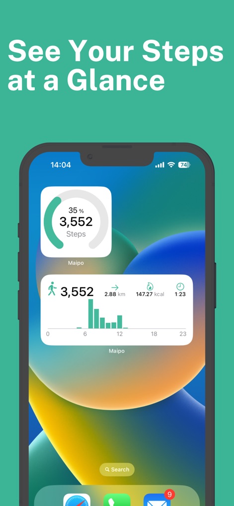 Step Counter Maipo - Pedometer - O aplicativo oferece widgets para acesso instantâneo, exibindo a contagem de passos (3.552) em um anel de progresso e métricas como distância na tela de bloqueio.