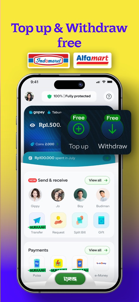 GoPay: Transfer, Payment, QRIS - Discover how users can effortlessly manage funds with prominent "Free" top-up and withdrawal options, supported by convenient Alfamart and Indomaret partnerships.