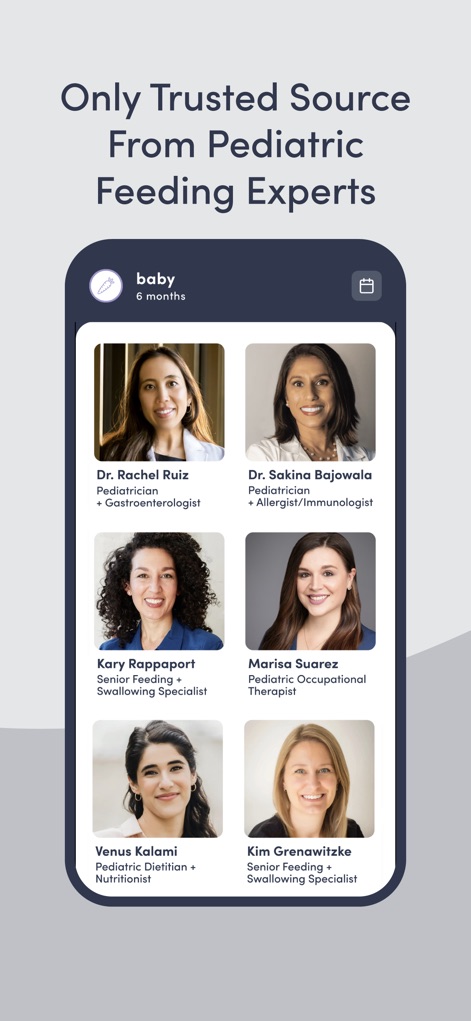 Solid Starts: Baby First Foods - Esta sección destaca al equipo de "Pediatric Feeding Experts" con fotografías profesionales y nombres como el de la Dra. Rachel Ruiz, reforzando la credibilidad y el respaldo médico de la información ofrecida en la aplicación.