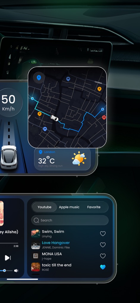 Car.Play Connect: Smart Sync - The app showcases dynamic dashboard widgets, offering real-time speed monitoring and a comprehensive map view for efficient navigation.