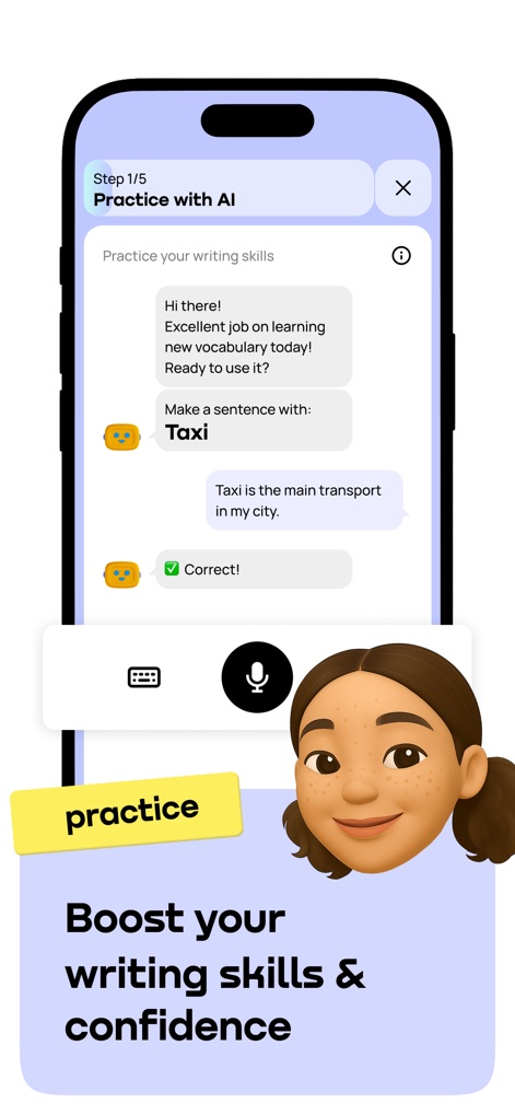 Promova: Language Learning App - Die App fördert die Schreibpraxis durch interaktive KI-Chats, bei denen Nutzer Sätze bilden können und sofortiges Feedback wie "Correct!" und das Mikrofon-Symbol erhalten.