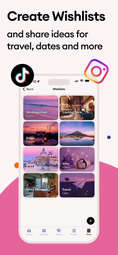 Cupla: Shared Couples Calendar - Users can effortlessly create and manage various wishlists, from specific 'Dates' and 'Travel' categories, and easily import ideas directly from platforms like TikTok and Instagram.