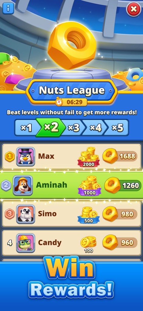 Nuts Factory: Sort Puzzle - L'application affiche fièrement le classement des joueurs dans la "Nuts League" et les récompenses en pièces et en écrous pour "Win Rewards!".
