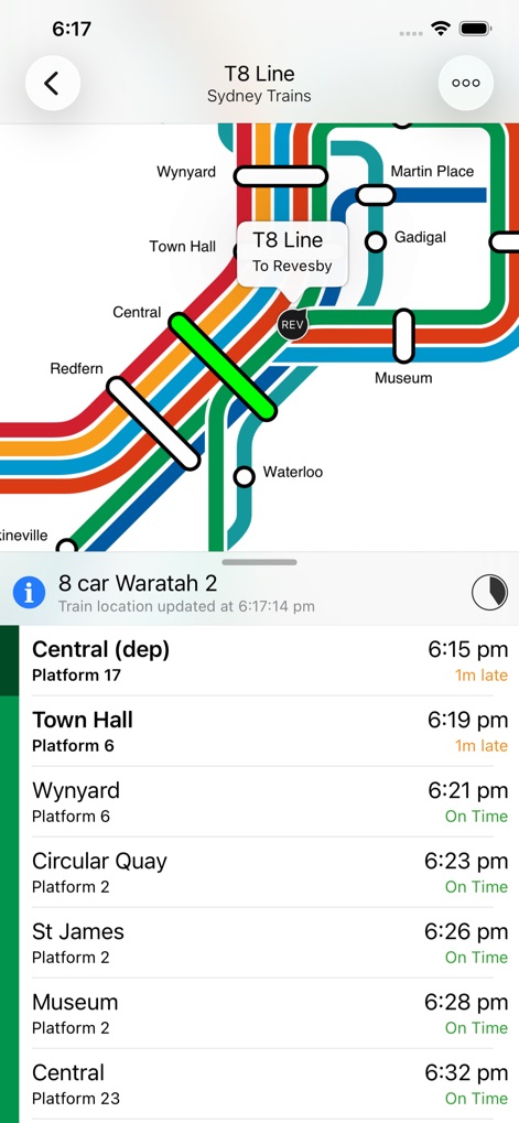 TripView Lite - This tool offers a detailed 'T8 Line' visual route, complete with real-time train locations and status updates like '1m late' for precise journey planning.