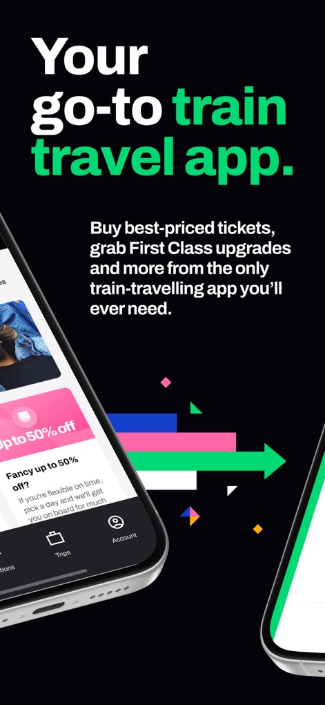 Seatfrog: Rail Journey Planner - Cette capture met en avant un message marketing percutant "Your go-to train travel app" et la mention "Up to 50% off".