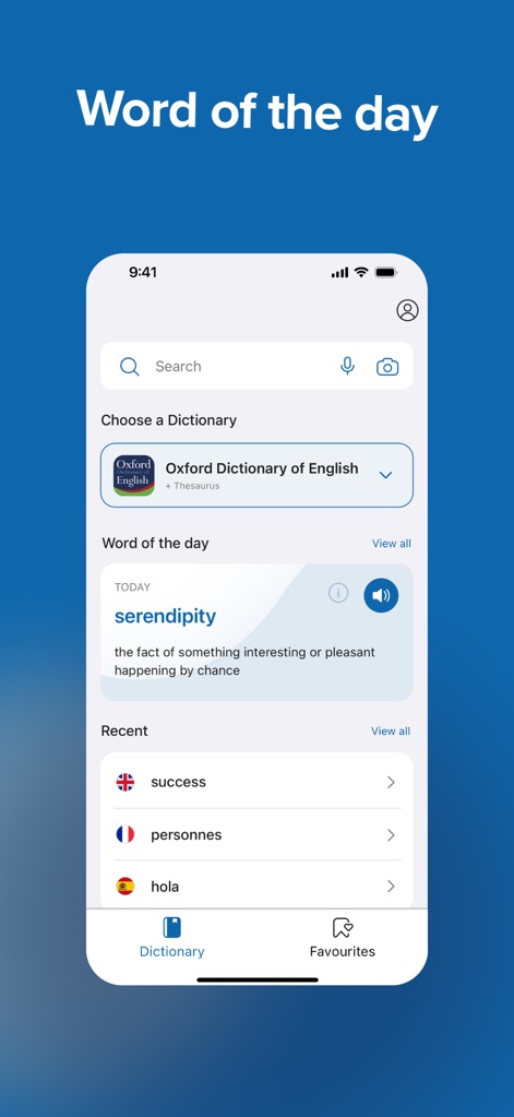 Oxford Dictionary & Thesaurus - A funcionalidade "Palavra do Dia", que exibe "serendipity" com sua definição, e a seção "Recentes", com buscas como "success" e "personnes", auxiliam os usuários a expandir e revisar seu vocabulário.