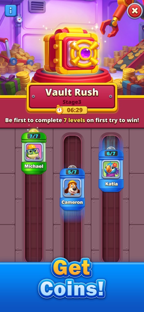 Nuts Factory: Sort Puzzle - Cet outil propose des défis à durée limitée comme le "Vault Rush", où les avatars progressent sur des barres de succès pour "Get Coins!".