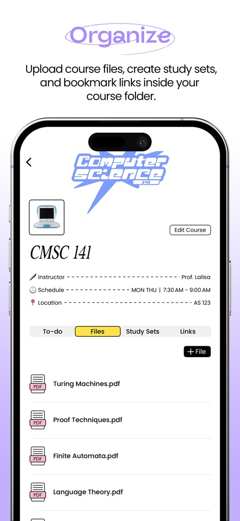 Folderly - Academic Organizer - Dentro de cada curso, o aplicativo permite gerenciar "arquivos PDF" como "Turing Machines.pdf" e também organizar "Study Sets" para revisão eficaz.