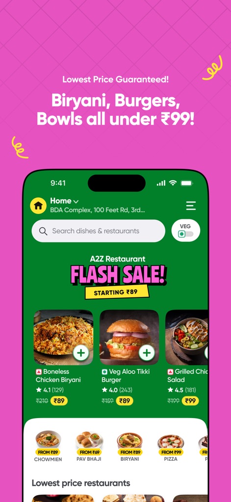 toing - Food Delivery - Users can discover highly discounted food options, such as Flash Sale items and dishes explicitly priced under ₹99, directly on the home screen.