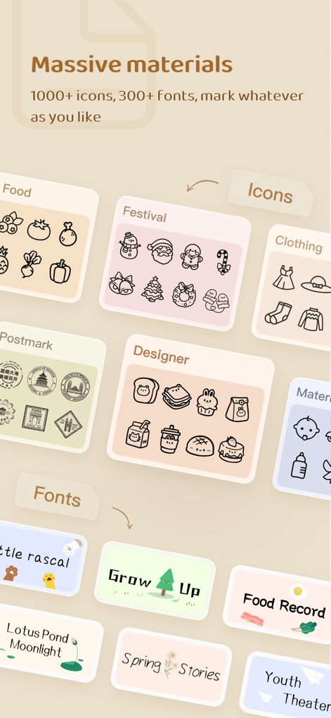 NIIM - Unleash creativity with a vast library of design elements, featuring extensive icon categories for themes like 'Food' and 'Festival,' alongside a diverse range of artistic fonts.