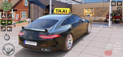 Radio Taxi Driving Game 2021 - Die App präsentiert eine Ansicht des Taxis in der Werkstatt, wo Werkzeuge an der Wand auf mögliche Anpassungsoptionen für das Fahrzeug hindeuten.