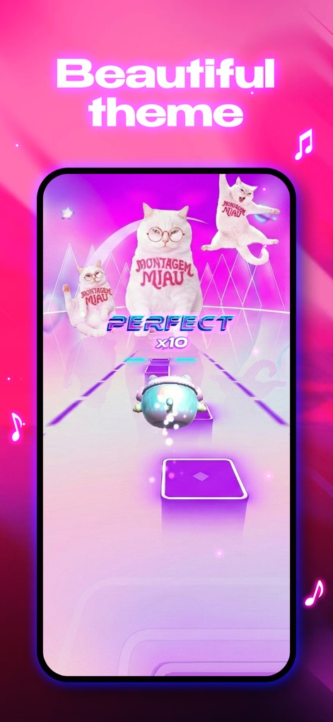 Music Hop: Rhythm & Ball Game - Esta aplicación sumerge a los jugadores en una experiencia visual vibrante, destacando el indicador de puntuación 'PERFECT x10' y las brillantes baldosas rosas que guían el ritmo de cada salto.