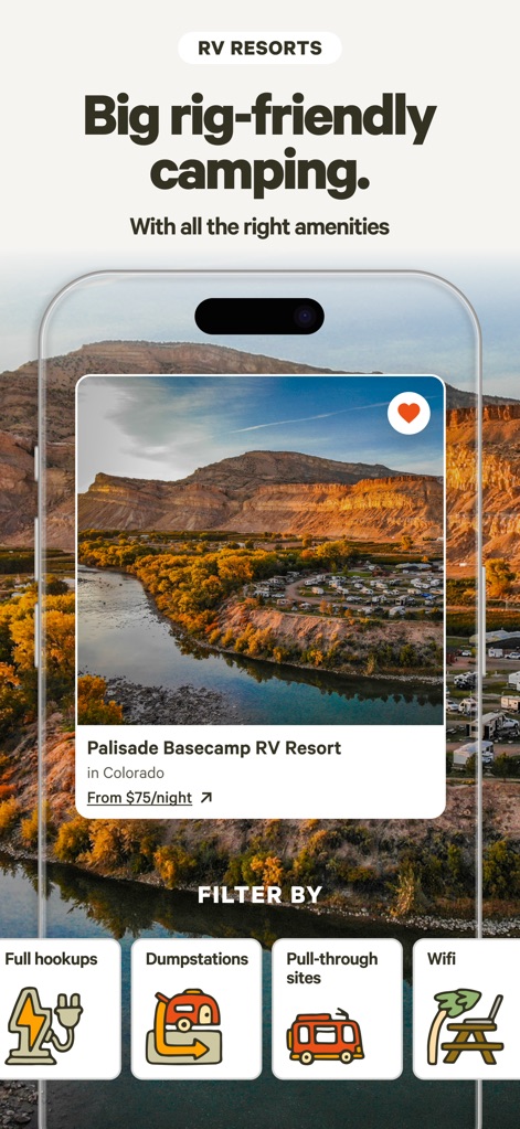 Hipcamp: Camping, RVs & Cabins - L'application facilite la recherche de terrains de camping adaptés aux VR, présentant des options comme le "Palisade Basecamp RV Resort" et des filtres essentiels tels que les "Full hookups" et les "Dumpstations" pour une expérience optimisée.