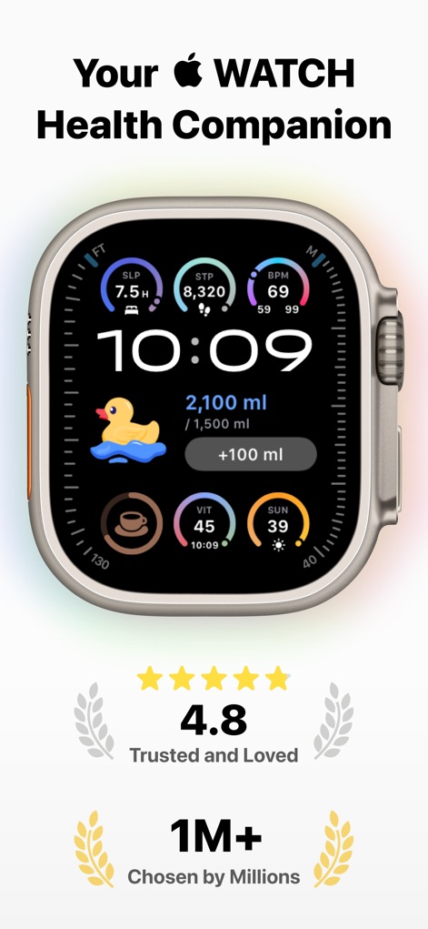 AMood: AI Mood Monitor - Apple Watch上で睡眠時間（7.5時間）や一日の歩数（8,320歩）など、主要な健康指標を素早く確認できます。