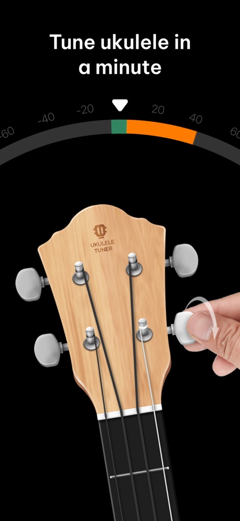 Ukulele Tuner: tune & chords - Esta captura muestra la interfaz de afinación, donde el indicador de afinación central guía al usuario y una mano simulada ilustra cómo ajustar las clavijas para una afinación rápida.
