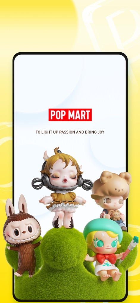 POP MART - The app immediately greets users with its vibrant branding and a captivating display of various art toy characters, promising a world of joy.