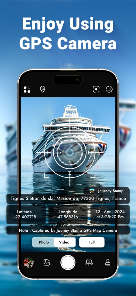 Timestamp - GPS Map Camera - Users can effortlessly capture images with a dynamic circular focus reticle while the app integrates essential location data and timestamp information.