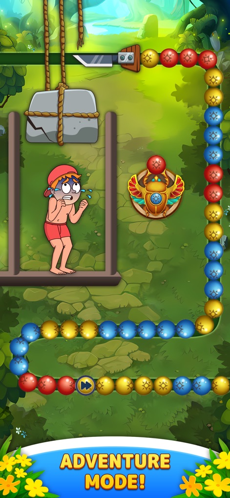 Marble Match Origin - Dive into Adventure Mode, where solving puzzles involves releasing the hanging weights and activating the cutting mechanism amidst lush jungle backdrops.