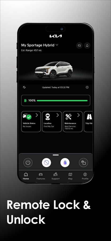 Kia Access - Users can quickly grasp essential information, such as the 'Est. Range: 457 mi.' and a clear 'Vehicle Status' card indicating no issues.