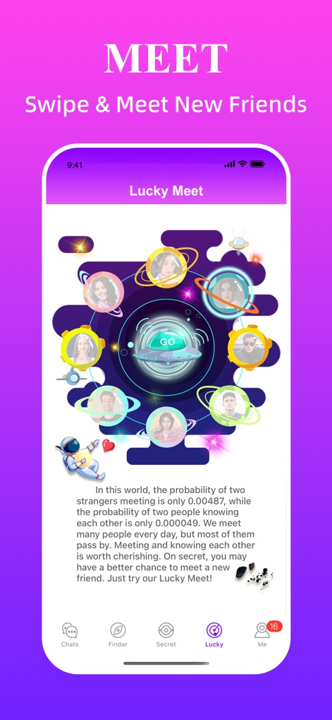 Sugar Meet & Dating Me: Secret - Users can engage with the 'Lucky Meet' feature, which presents potential matches in a visually striking circular display, activated by a prominent 'GO' button.